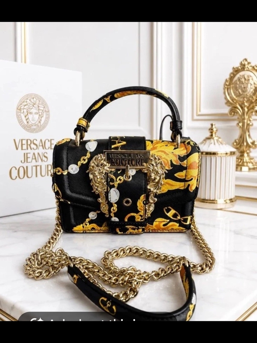 Versace Jeans Collection Black & Gold Baroque Mini Top-Handle Crossbody
